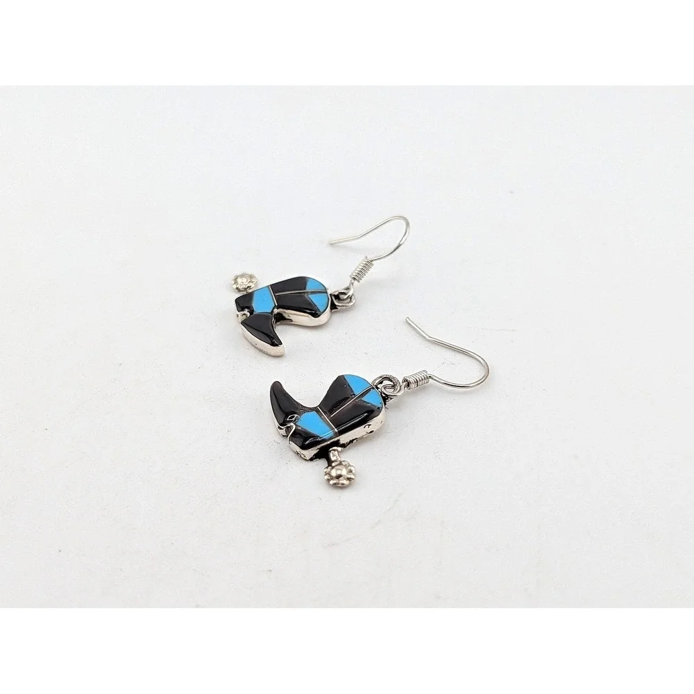 Zuni Silver Cowboy Boot Earrings Turquoise Inlay Western Dangle Signed K Quam **